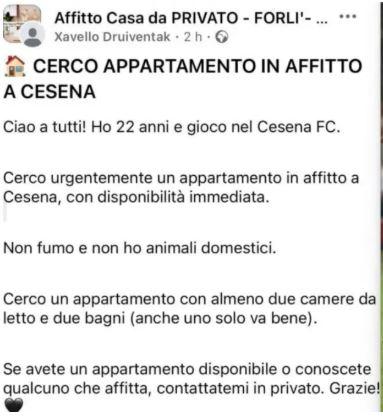 "Gioco nel Cesena e cerco casa urgentemente", l'annuncio social di Druiventak