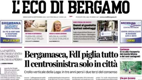 L'Eco di Bergamo in apertura: "Cautela per Zapata, difficile il rientro con la Fiorentina"