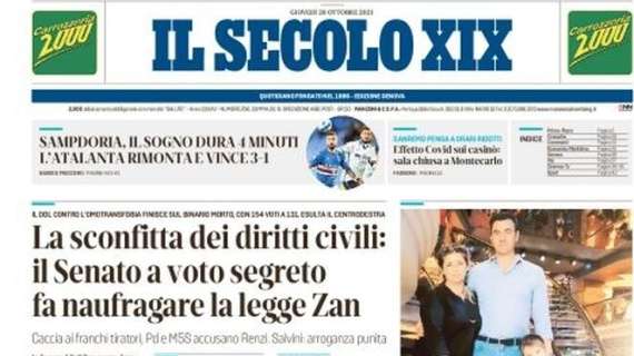 L'apertura de Il Secolo XIX: "Sampdoria, il sogno dura 4 minuti. L'Atalanta rimonta e vince 3-1"