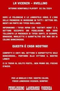 Vicenza, i Fedelissimi avvertono i tifosi irpini: "Non tollereremo la vostra presenza nei distinti"