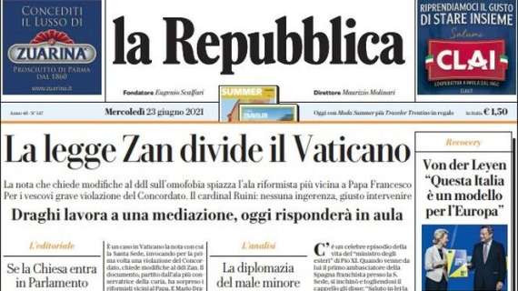 L'apertura odierna de La Repubblica: "Il calcio spegne l'arcobaleno"