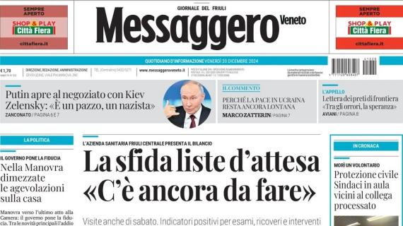 L'apertura del Messaggero Veneto è sulla Coppa Italia: "L'Udinese regala i quarti all'Inter"