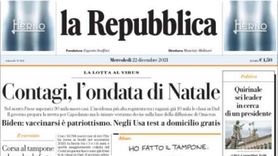 La Repubblica in prima pagina: “Inter sotto inchiesta: nel mirino 78 milioni di plusvalenze”