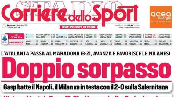 Corriere della Sera in taglio alto: "Vincono Inter e Milan, Napoli ko con l'Atalanta"