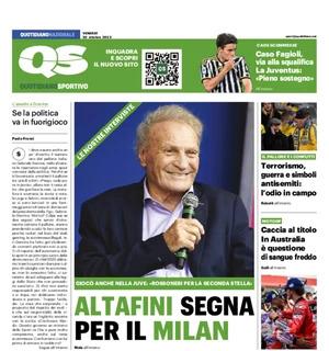 La prima pagina di QS su Altafini: "Milan-Juve? Rossoneri per la seconda stella"