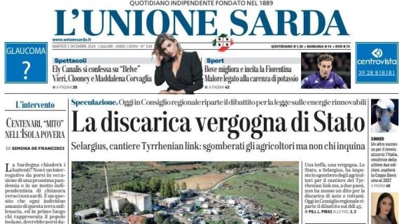 Anche L'Unione Sarda apre la prima pagina con Bove: "Migliora e incita la Fiorentina"