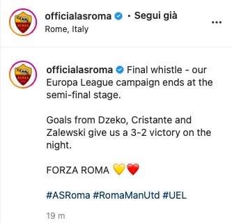 The Social One rincuora la Roma: altro post colorato di giallorosso per Mourinho