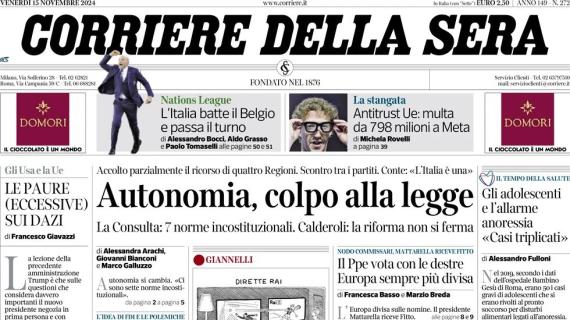 Gara da incorniciare. Il Corriere della Sera apre: "L'Italia batte il Belgio e passa il turno"