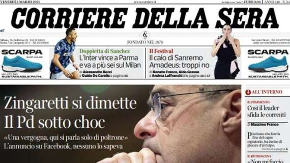 Il Corriere della Sera in apertura: "L'Inter vince a Parma e va a più sei sul Milan"