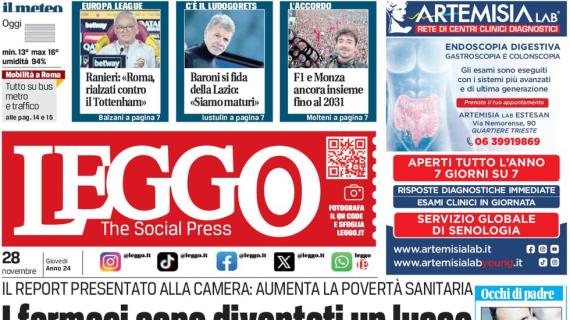 La prima pagina di Leggo stamattina: "Ranieri: Roma, rialzati contro il Tottenham"