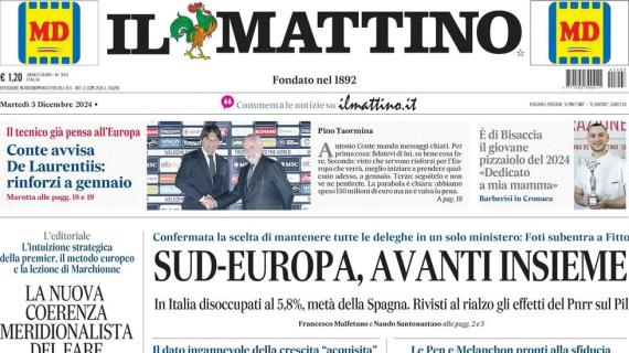 Il Mattino sulle strategie del Napoli: "Conte avvisa De Laurentiis: rinforzi a gennaio"