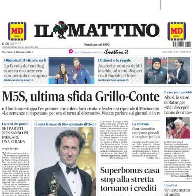 Il Mattino in apertura: "Austerity contro debiti la sfida ad armi dispari tra il Napoli e l'Inter"