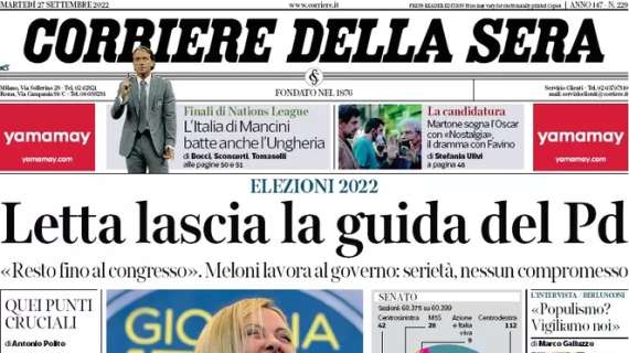 Il Corriere della Sera in prima pagina: “L’Italia di Mancini batte anche l’Ungheria”