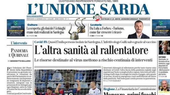 Cagliari-Bologna finisce 2-1, L’Unione Sarda in prima pagina: “Il Cagliari all’ultimo respiro”