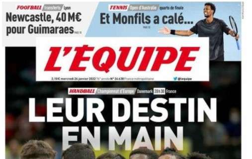 L'Equipe nel taglio alto della prima pagina: "Newcastle, 40 milioni per Guimaraes".