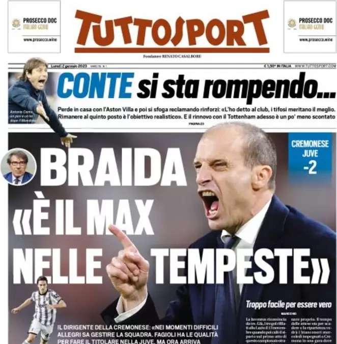 Tuttosport stamani in prima pagina con l’intervista a Braida: “È il Max nelle tempeste…”
