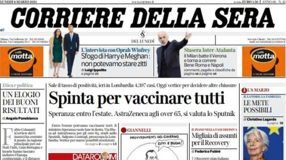Il Corriere della Sera in apertura: "Il Milan torna a correre, stasera c'è Inter-Atalanta"