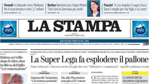 L'apertura odierna de La Stampa: "La Superlega fa esplodere il pallone"