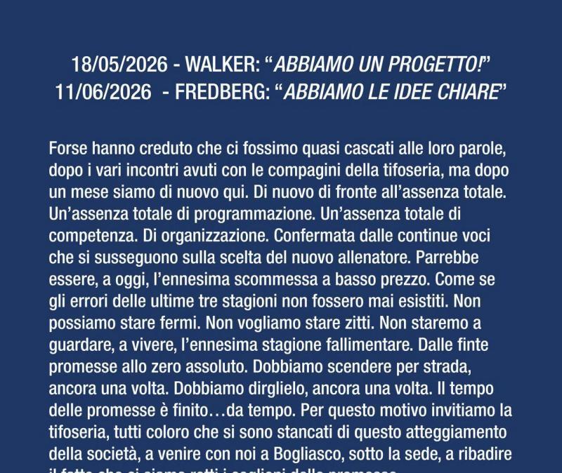 Samp è ancora contestazione. I tifosi: "Assenza di programmazione e competenza. Tutti a Bogliasco"