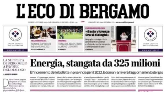 L'Eco di Bergamo in apertura sull'Atalanta: "Vince ancora e comanda con il Napoli"