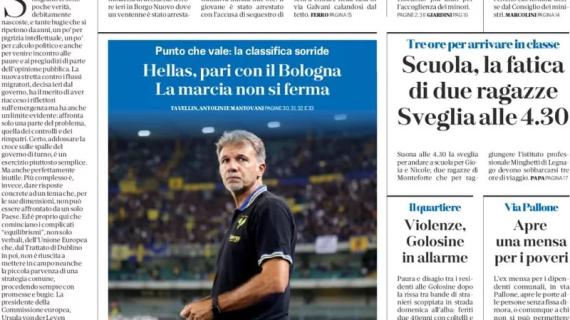 L'Hellas Verona pareggia con il Bologna, L'Arena in apertura: "La marcia non si ferma"