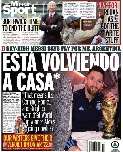 Le aperture inglesi - "Sta tornando a casa", Messi con la Coppa del Mondo