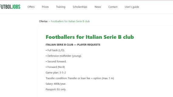 In Serie B un club batte piste alternative sul mercato: e mette un annuncio su FutbolJobs