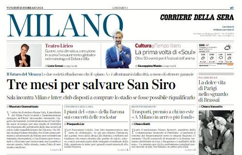 L'apertura del Corriere di Milano sullo stadio di Inter e Milan: "Tre mesi per salvare San Siro"