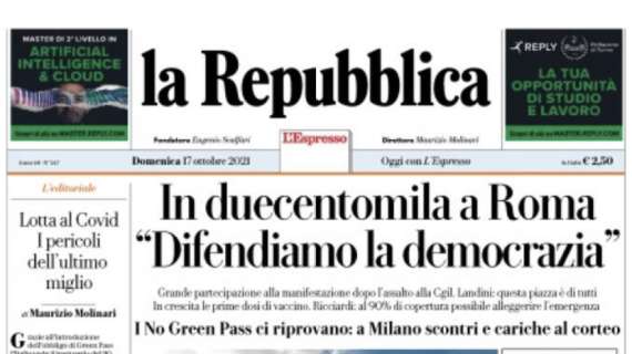 La Repubblica sulle gare di ieri: "Lazio-Inter, 3 a 1 con rissa. Il Milan in vetta"