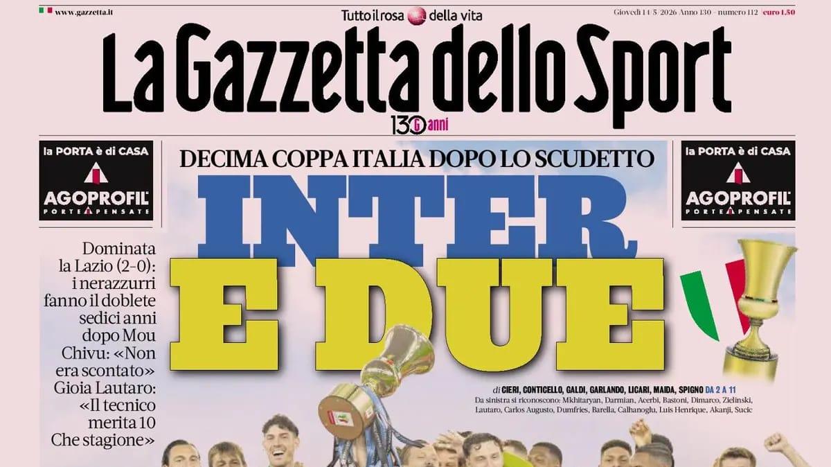 "Inter, e due. Dominata la Lazio": la prima pagina de La Gazzetta dello Sport