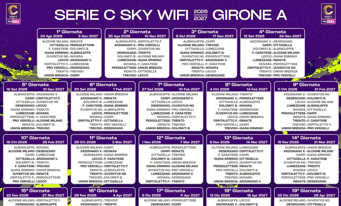 Serie C 2026-2027, il calendario completo del Girone A: Lecco-U. Brescia all'8ª