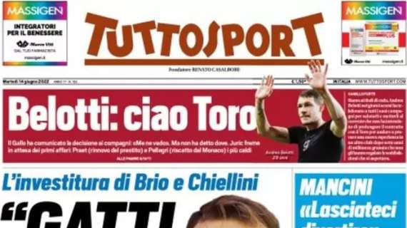 Tuttosport in apertura: "L'investitura di Brio e Chiellini: 'Gatti sei come noi'"