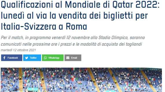 Italia-Svizzera confermata all'Olimpico di Roma! Lunedì partirà la vendita dei biglietti