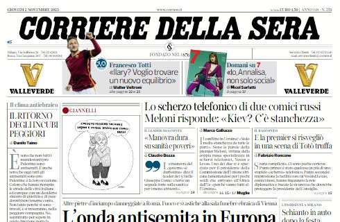 Il CorSera in apertura con un'intervista a Totti: "Ilary? Voglio trovare un nuovo equilibrio"