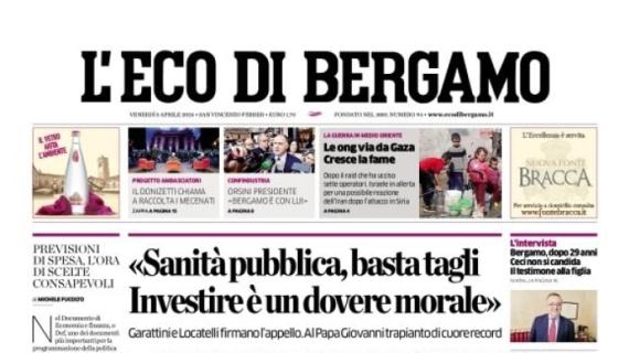 L'Eco di Bergamo apre con l'intervista a Gentile: "Coppa Italia, l'Atalanta resta favorita"