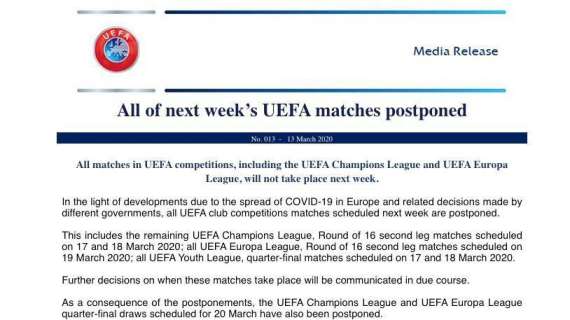 UFFICIALE: Emergenza Coronavirus. Stop a Champions ed Europa League: il comunicato UEFA