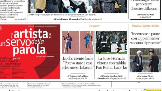 La Repubblica in prima pagina: "La Juve è tornata. Pari Roma, Lazio ko"