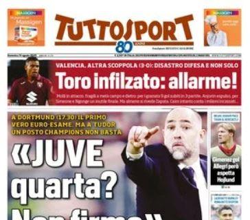 Tuttosport apre con le parole di Tudor: "Juve quarta? Non firmo". E sul Toro: "Allarme!"