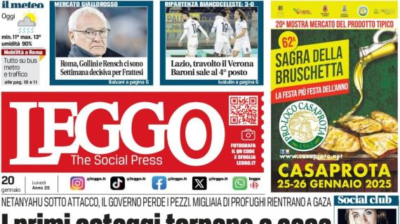 La prima pagina di Leggo: "Lazio, travolto il Verona: Baroni sale al 4° posto"