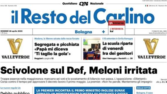 La prima pagina de Il Resto del Carlino: "Bologna, la missione è l'ottavo posto"