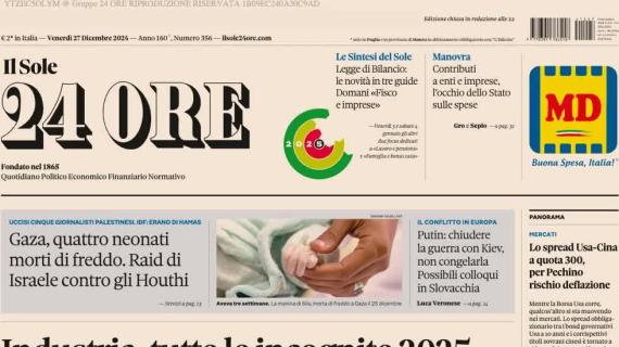 Il Sole 24 Ore in prima pagina: "A Napoli, Inter e Milan gli Oscar dei bilanci 2024"