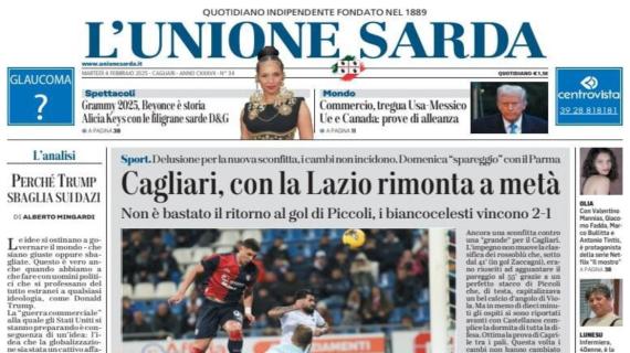 L'Unione Sarda in prima pagina: "Contro la Lazio rimonta a metà"