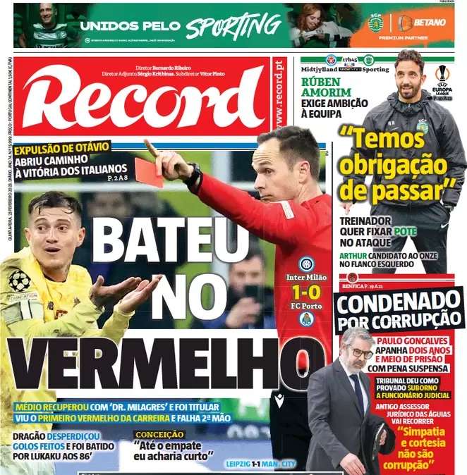 L’Inter batte il Porto 1-0, Record non ci sta e titola in prima pagina: “Colpiti dal rosso”