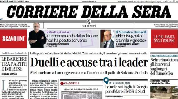Il Corriere della Sera in prima pagina: "La crisi di Inter e Juve. Il Milan cede al Napoli"