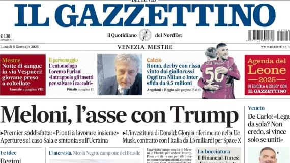 Il Gazzettino apre: "Roma, derby vinto. Oggi tra Milan e Inter sfida da 9,5 milioni"