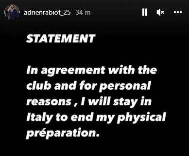 Niente States con la Juventus per Adrien Rabiot: il francese posta le motivazioni su Instagram