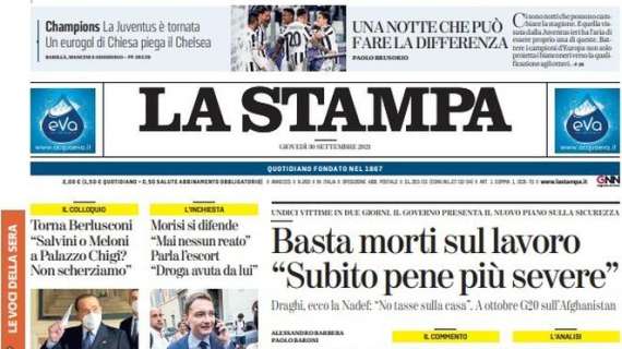La Stampa in apertura stamani: "La Juventus è tornata. Un eurogol di Chiesa piega il Chelsea"
