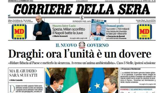 Corriere della Sera in taglio alto: "Spezia, Milan sconfitto. Il Napoli batte la Juventus"