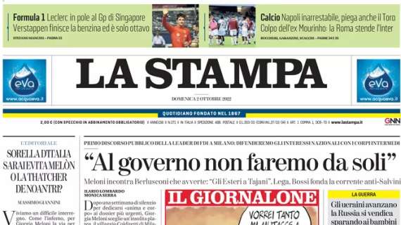 La Stampa: "Napoli inarrestabile, piega anche il Toro. La Roma stende l'Inter"