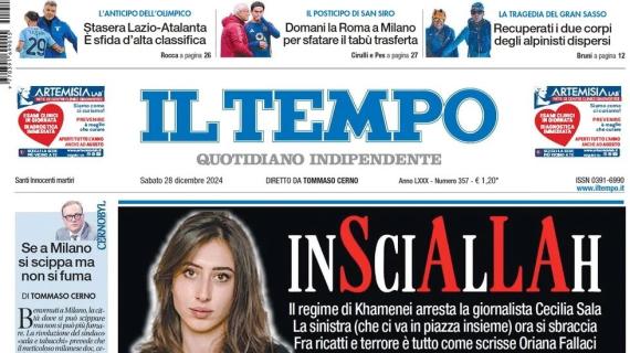 Il Tempo in apertura: "Lazio-Atalanta, sfida d'alta classifica. Domani la Roma a Milano"